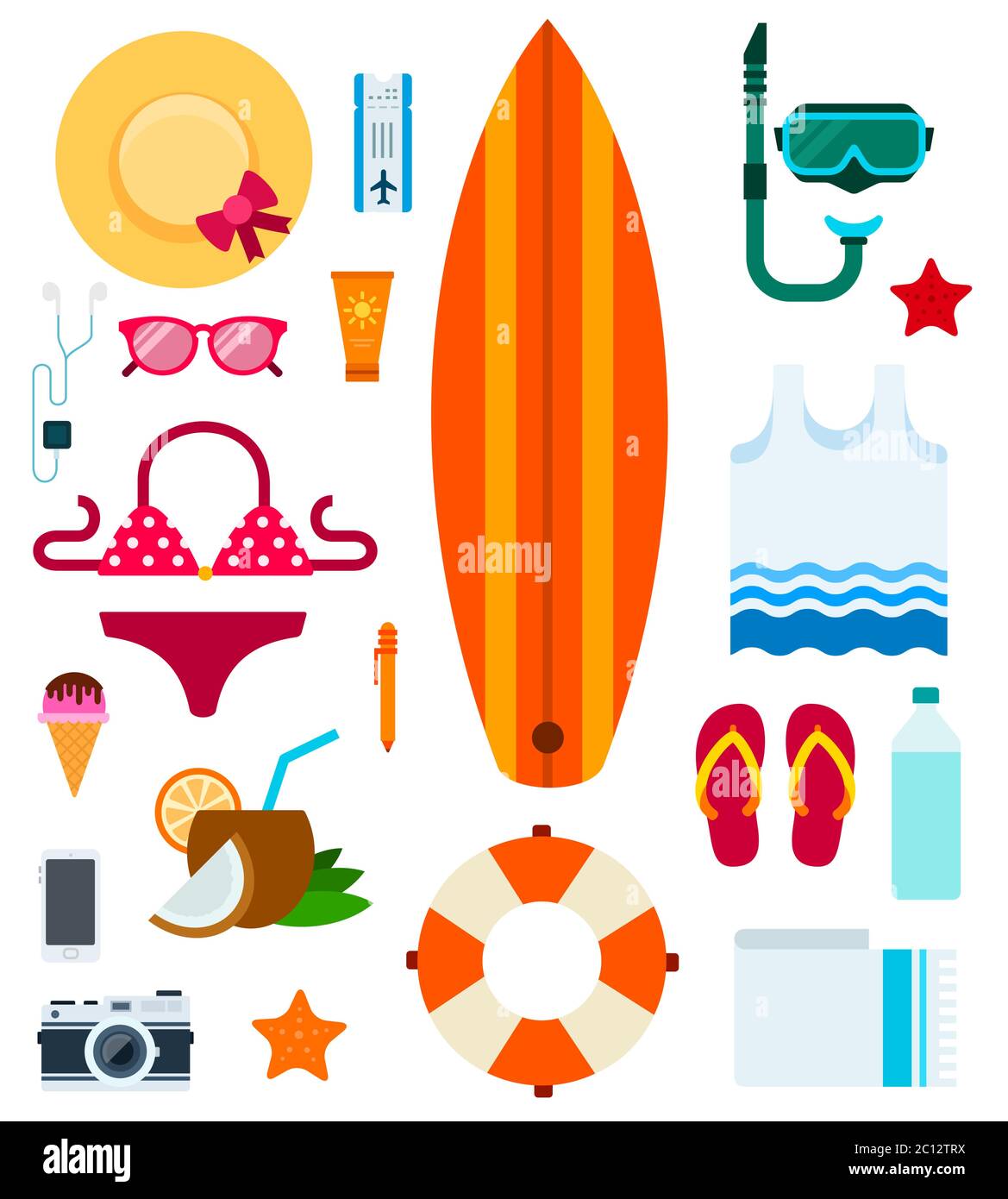 Set Vektor-Icons Strand-Artikel, Ausrüstung in flachem Design. Stock Vektor