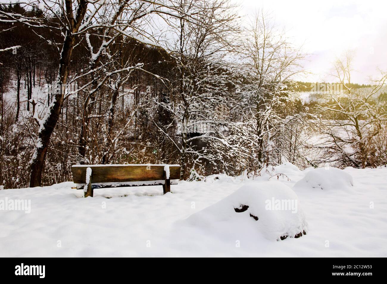 Bank im Winter Park und Wald Meer. Stockfoto