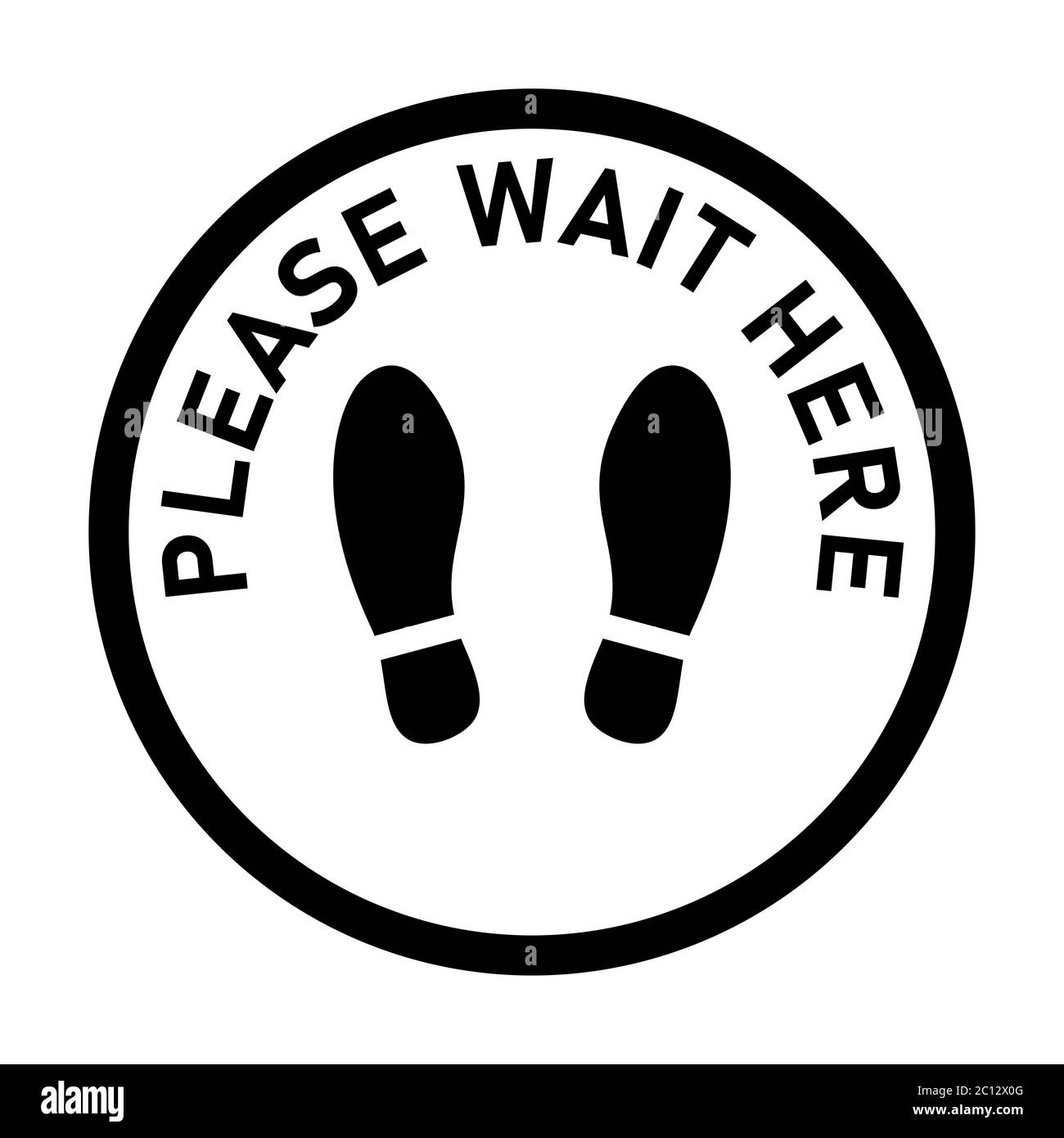 Bitte warten Sie hier Sticker-Symbol für runde Bodenmarkierung mit Text und Schuhdrucken für Warteschlangenlinien oder andere Zwecke, die eine soziale Distanzierung erfordern. Vektorbild. Stock Vektor