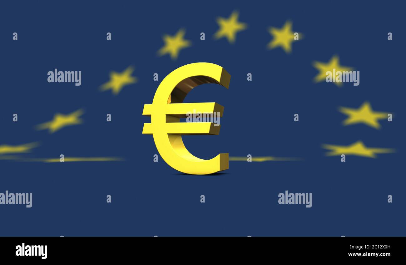Gelbes Euro-Zeichen oder Symbol auf der europäischen Flagge in blau mit gelben Sternen platziert Stockfoto