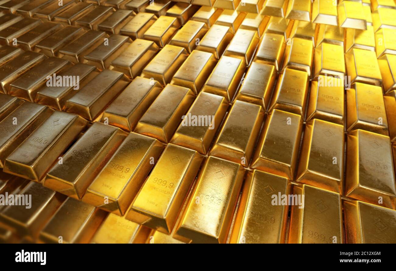 3d-Darstellung von gestapelten Goldbarren oder Goldbarren Stockfoto