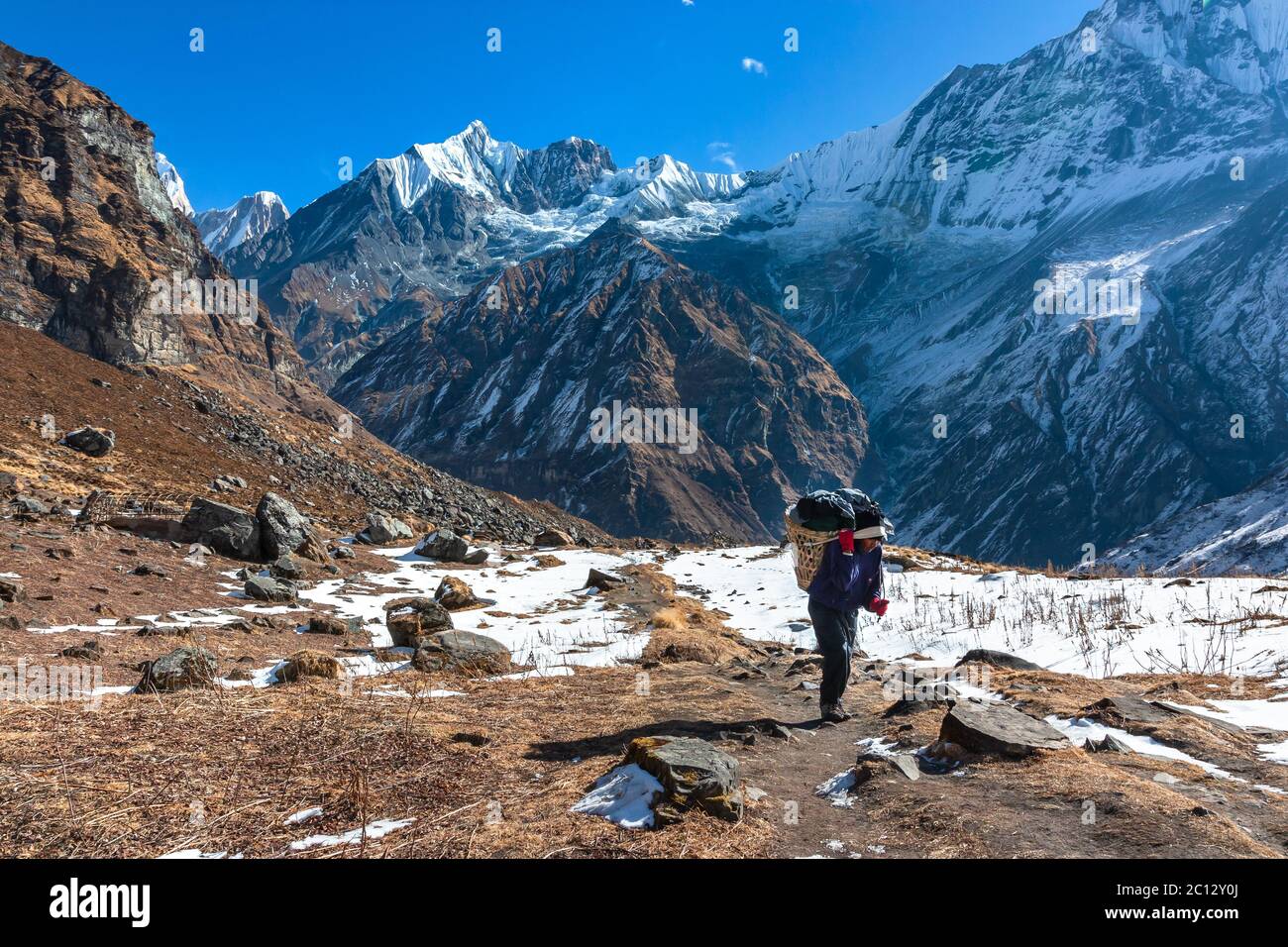 Annapurna Sanctuary, Nepal : Porter tragen schweren Korb in der schönen Berglandschaft Himalaya Stockfoto