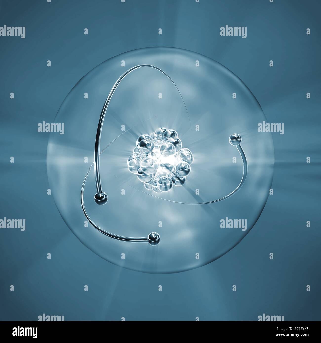 Atom mit Kern, Atomhülle und umkreisenden Elektronen in monochromatischem Blau Stockfoto