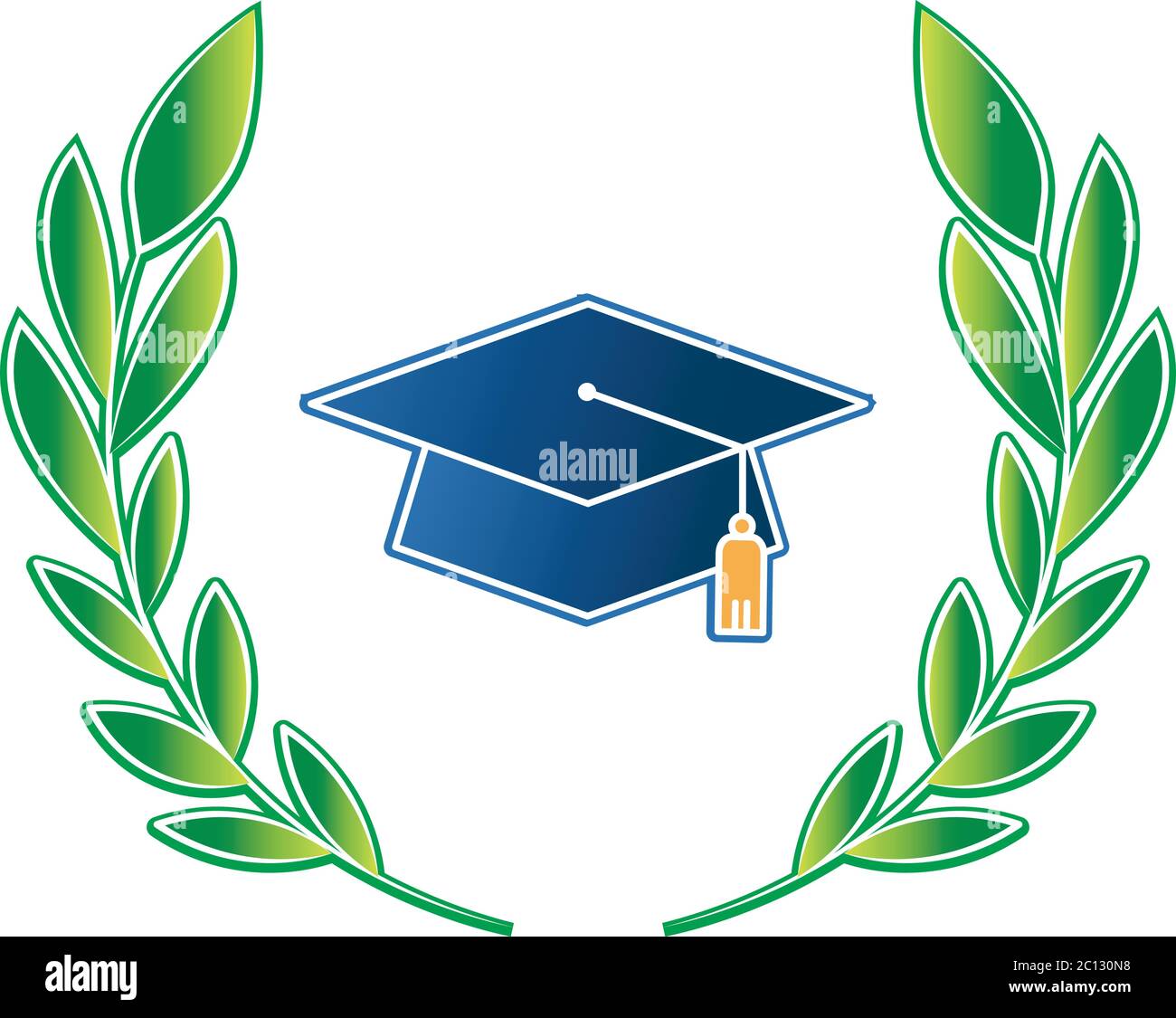 Blauer Mörtel Board Vektor-Symbol mit grünen Lorbeer. Ideal für Infografiken, Online-Bildung und Lernerfolge. Stock Vektor