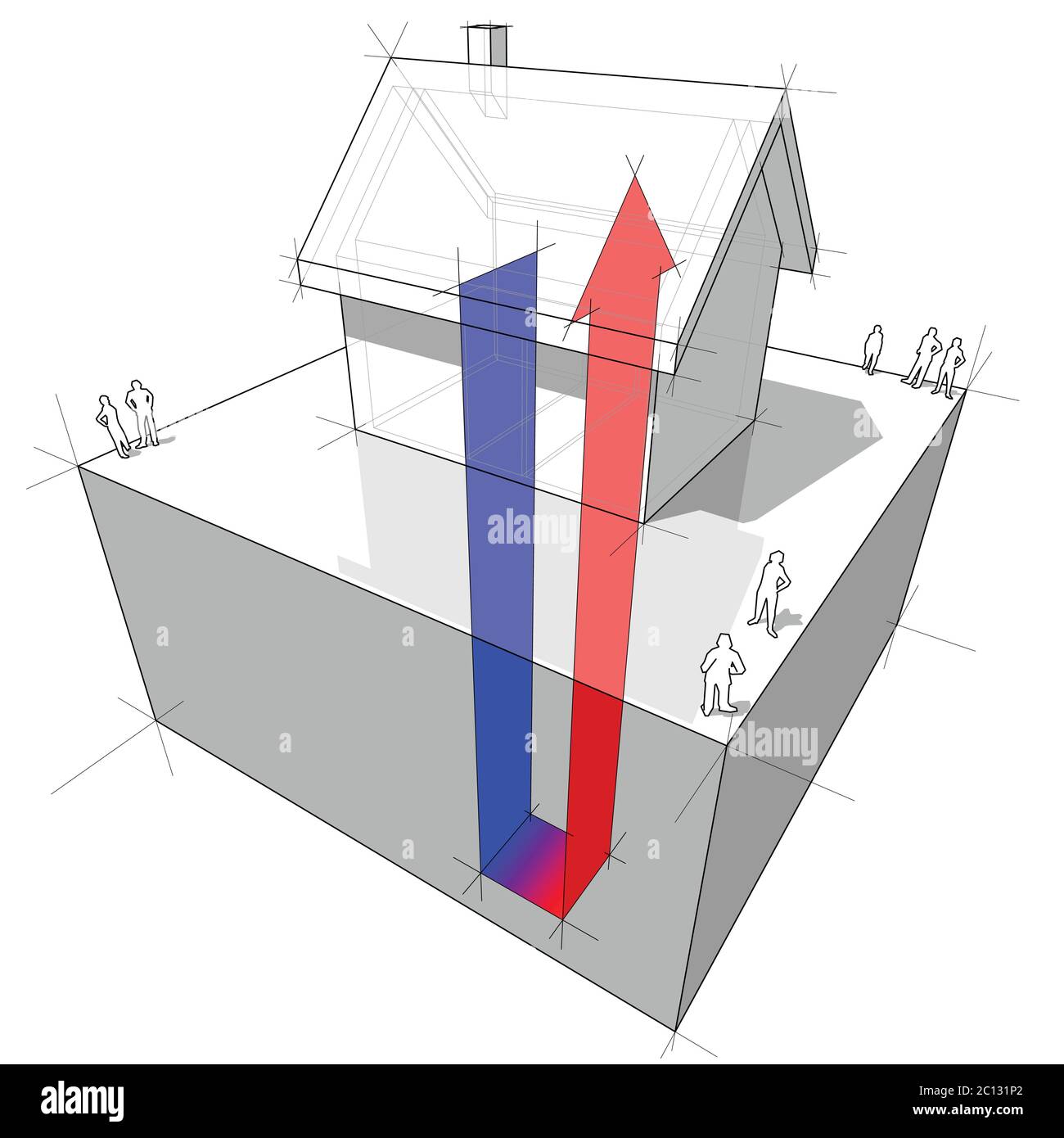 3d-Darstellung von einfachen Einfamilienhaus mit geothermischen Wärmepumpen-Diagramm Stock Vektor