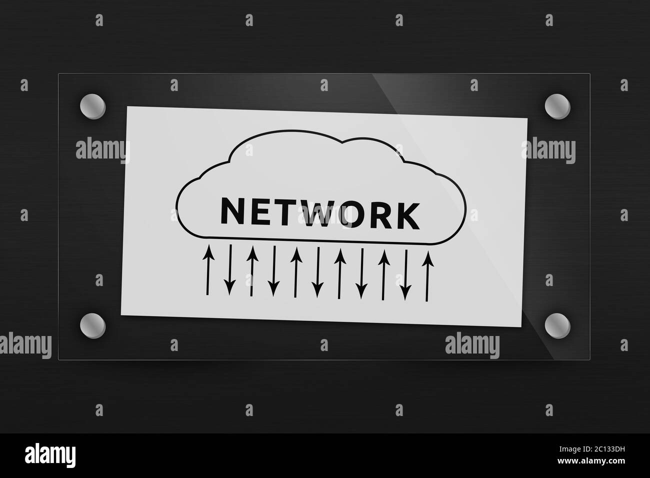 Hinter Glas Blatt Papier mit Netzwerk- und Cloud-Konzept Stockfoto