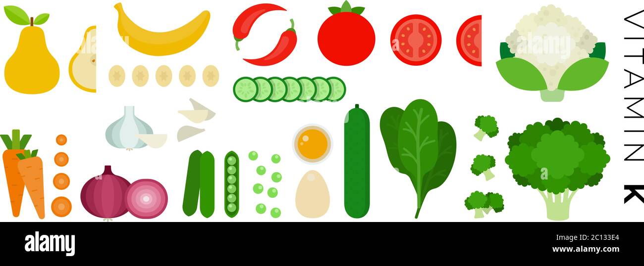 Vitamin K Lebensmittel Vektor flache Symbole mit Blumenkohl und Gurke gesetzt. Stock Vektor
