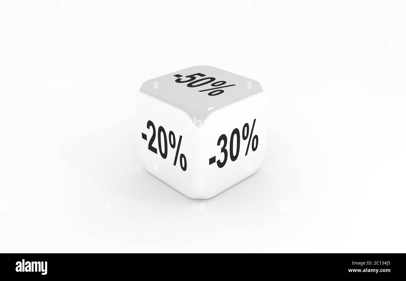 Würfel mit Rabatt: -20 %-30 %-50 % 3D-Rendering Stockfoto