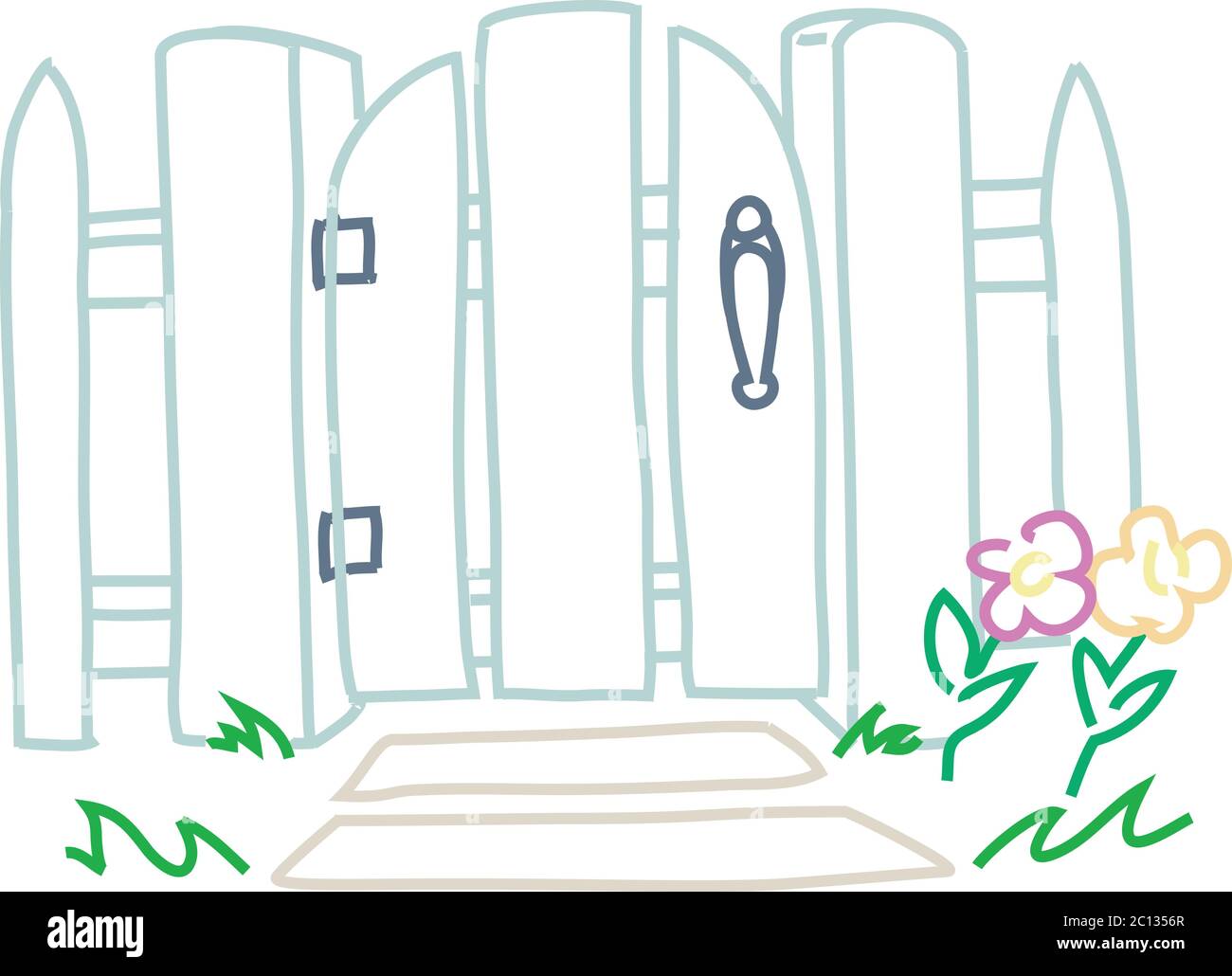 Storybook weißen Lattenzaun mit Blumen und einem verriegelten Tor. Die Sonne geht hinter sich Stock Vektor