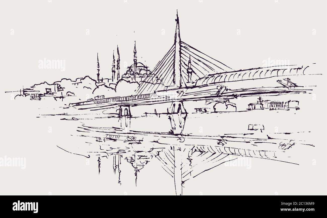 Zeichnung Skizzendarstellung der Metro-Brücke und der Süleymaniye Moschee, Istanbul Stock Vektor