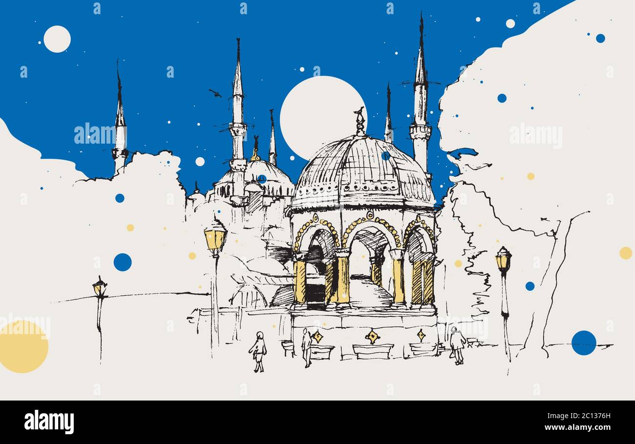 Zeichnung Skizzendarstellung des deutschen Brunnens und der Blauen Moschee oder Sultanahmet Moschee, Istanbul Stock Vektor