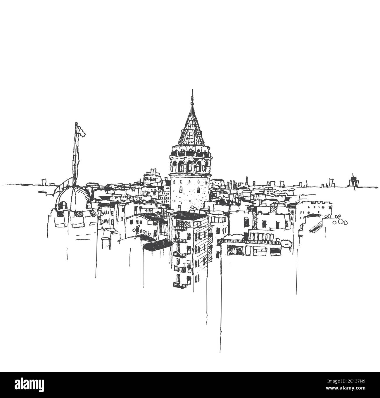 Zeichnung Skizzendarstellung des Galata-Turms und des Galata-Viertels von Beyoglu, Istanbul Stock Vektor