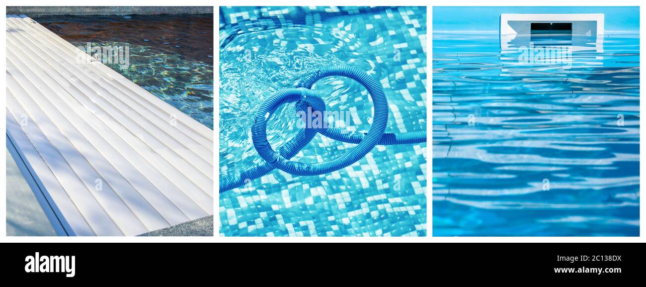 Collage Nahaufnahme Wartung eines privaten Pools Stockfoto