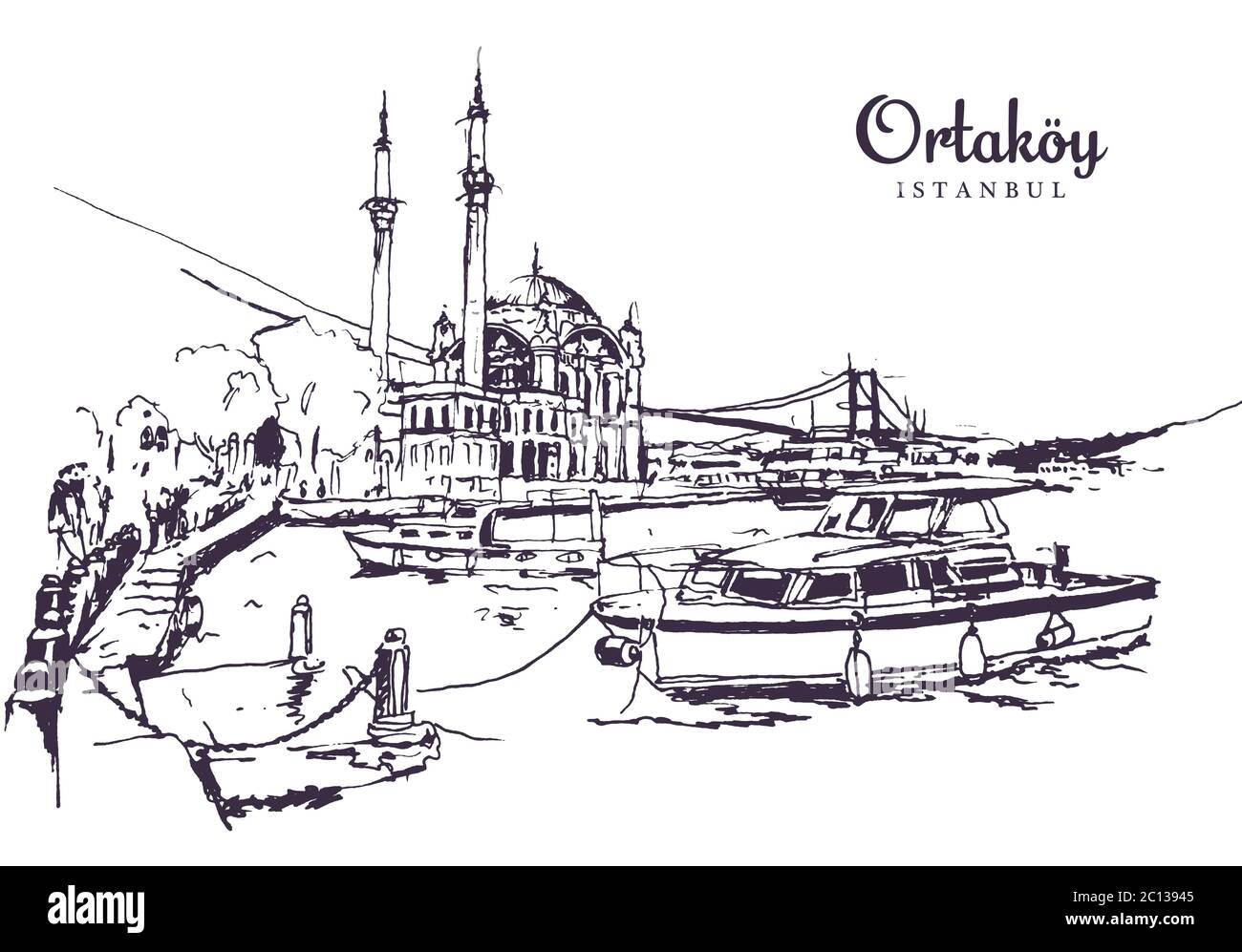 Zeichnung Skizzendarstellung der Buyuk Mecidiye Moschee oder Ortakoy Moschee entlang des Bosporus, Istanbul Stock Vektor