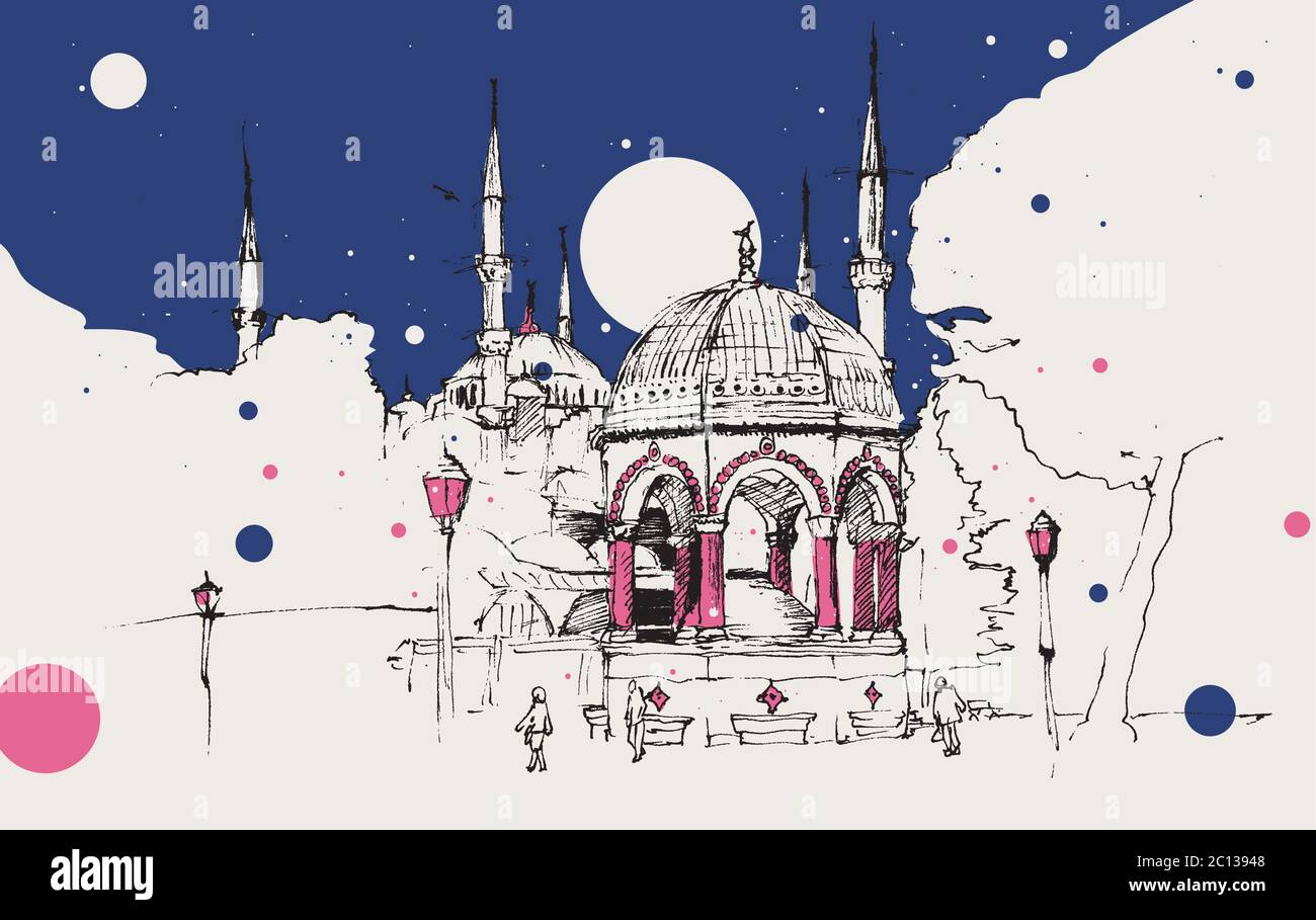 Zeichnung Skizzendarstellung des deutschen Brunnens und der Blauen Moschee oder Sultanahmet Moschee, Istanbul Stock Vektor