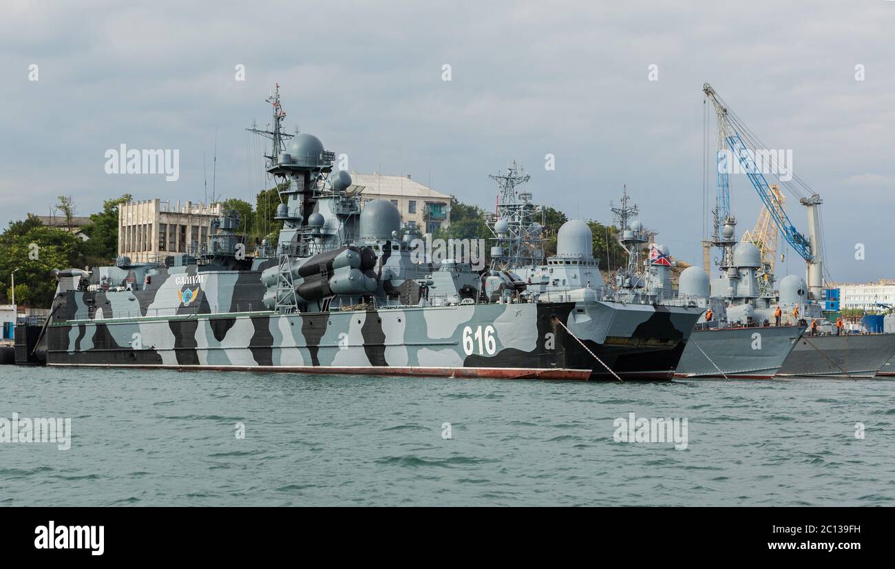 Rakete Hovercraft Samum-616. Sewastopol Marinestützpunkt der Schwarzmeer-Flotte. Crimea Stockfoto