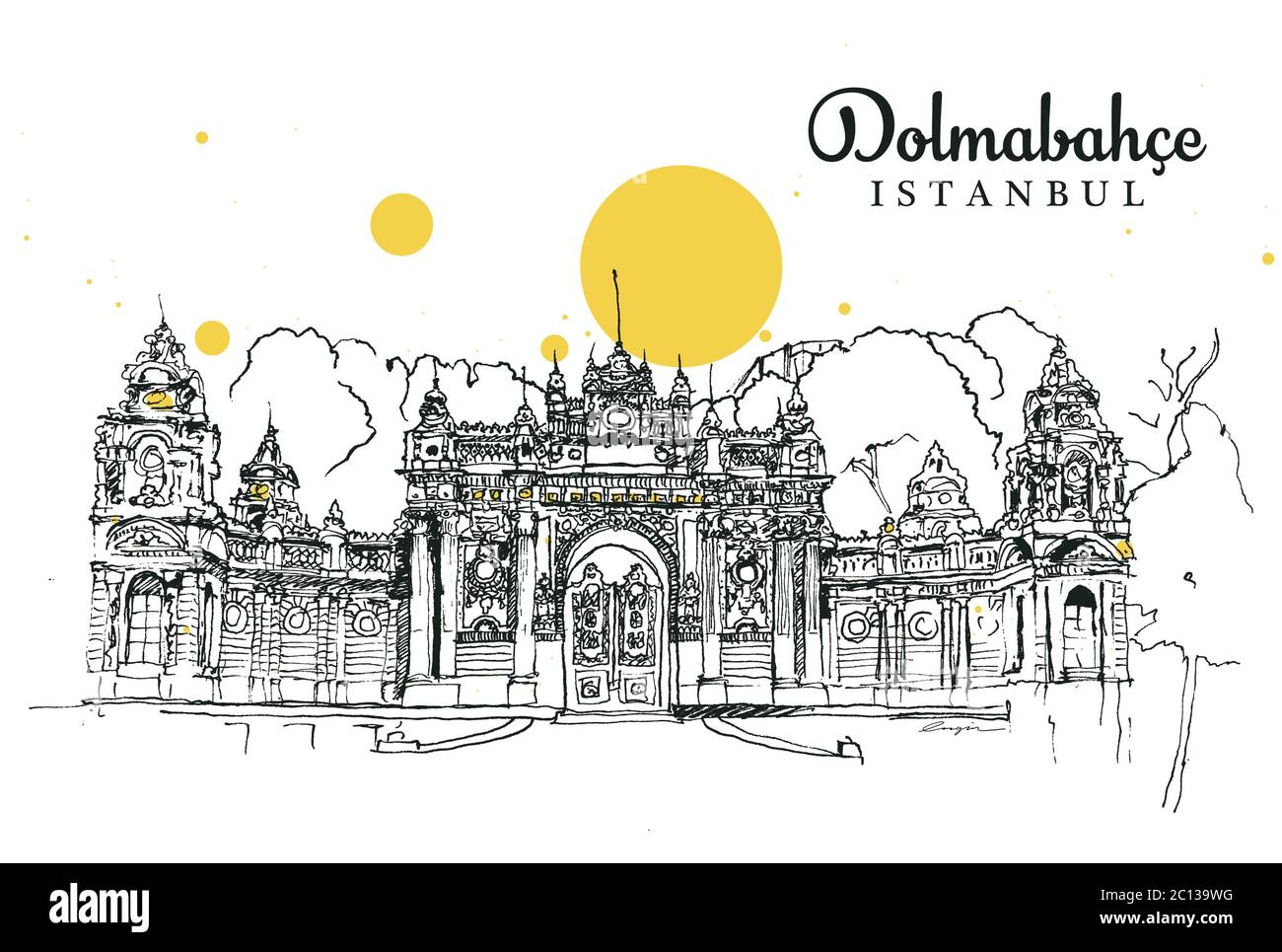 Zeichnung Skizzendarstellung des großen Tores des Dolmabahce Palastes in Besiktas, Istanbul. Dolmabahce ist ein alter osmanischer Königspalast. Stock Vektor