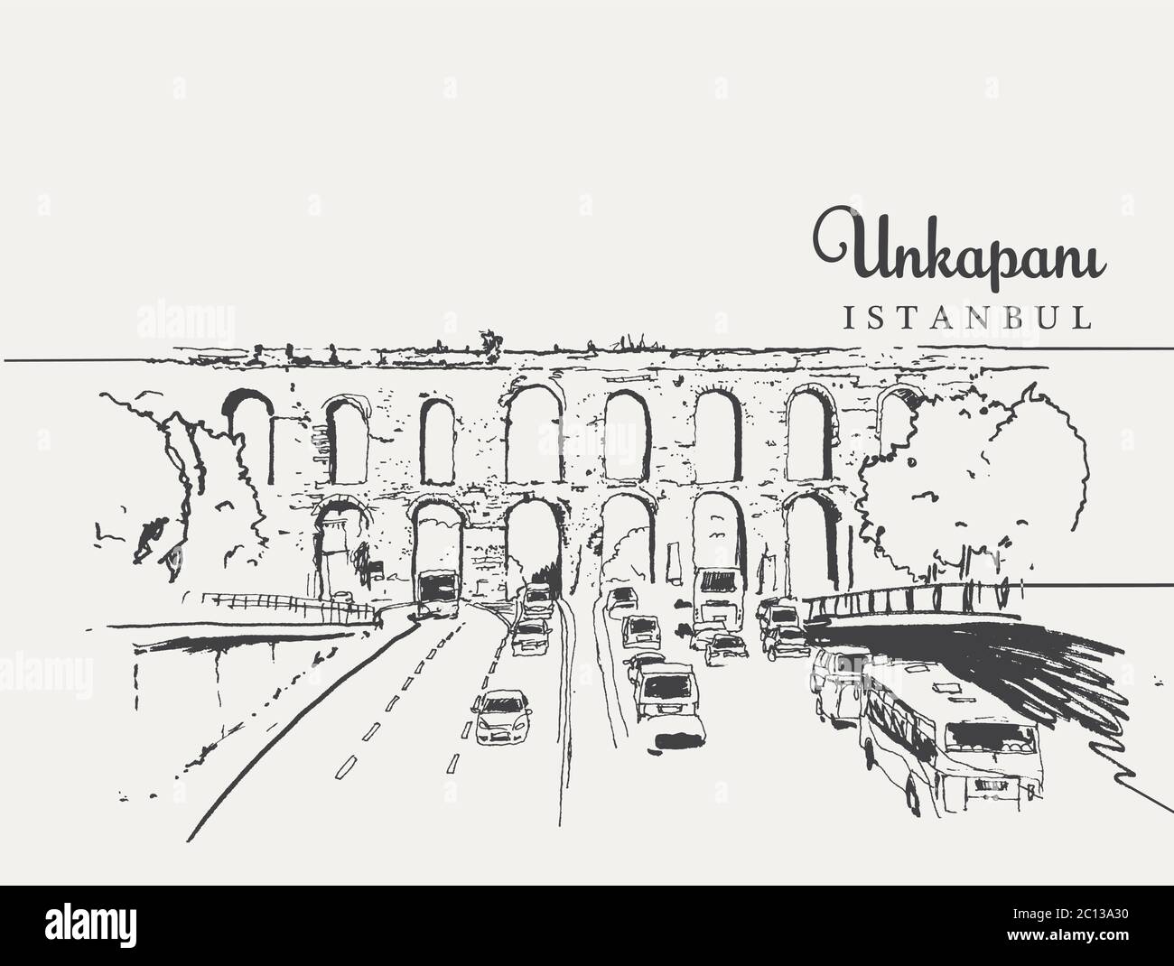 Zeichnung Skizze Illustration des alten Aquädukts in Byzanz Zeit im heutigen Unkapani Bezirk von Istanbul gebaut. Der Steinbogen wurde zum Carren verwendet Stock Vektor