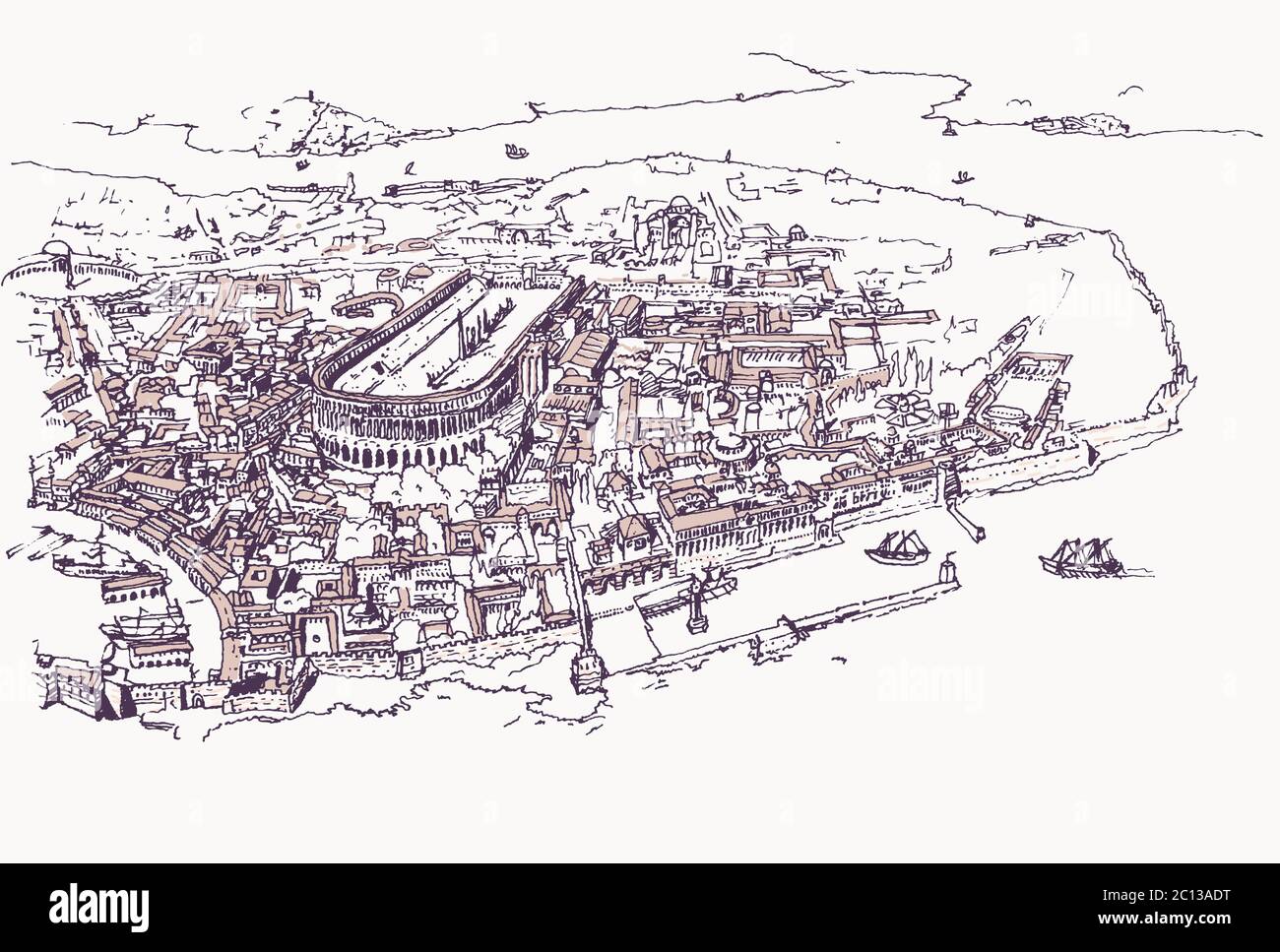 Zeichnung Skizzendarstellung der alten Konstantinopel Altstadt, das heutige Istanbul. Mittelalterliches Modell der byzantinischen Stadt. Stock Vektor