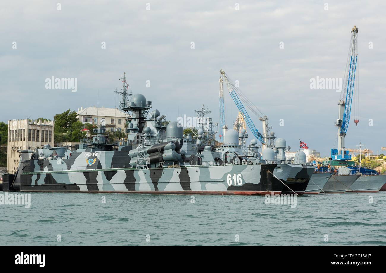 Rakete Hovercraft Samum-616. Sewastopol Marinestützpunkt der Schwarzmeer-Flotte. Crimea Stockfoto