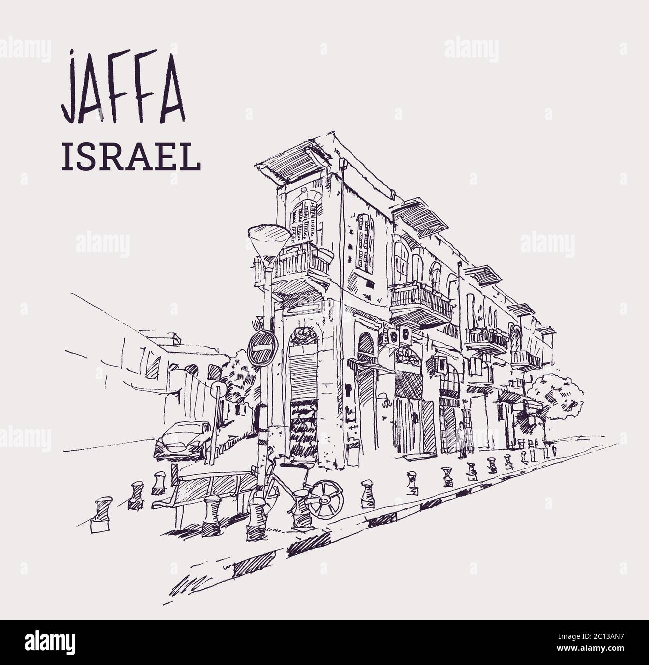 Zeichnung Skizzendarstellung einer Straßenansicht in der Altstadt von Jaffa bei Tel Aviv, Israel. Stock Vektor