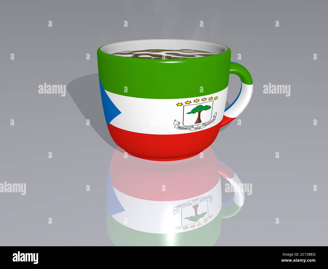 ÄQUATORIALGUINEA platziert auf einer Tasse heißen Kaffee in einer 3D-Darstellung auf dem Boden gespiegelt mit einer realistischen Perspektive und Schatten Stockfoto