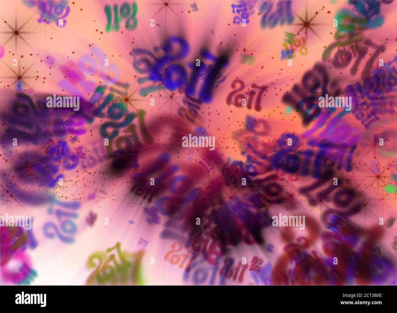 Frohes neues Jahr 2017 fliegenden Ziffern Zahlen mit Licht auf hellen Bokeh Hintergrund geschrieben. 3D illustration Stockfoto