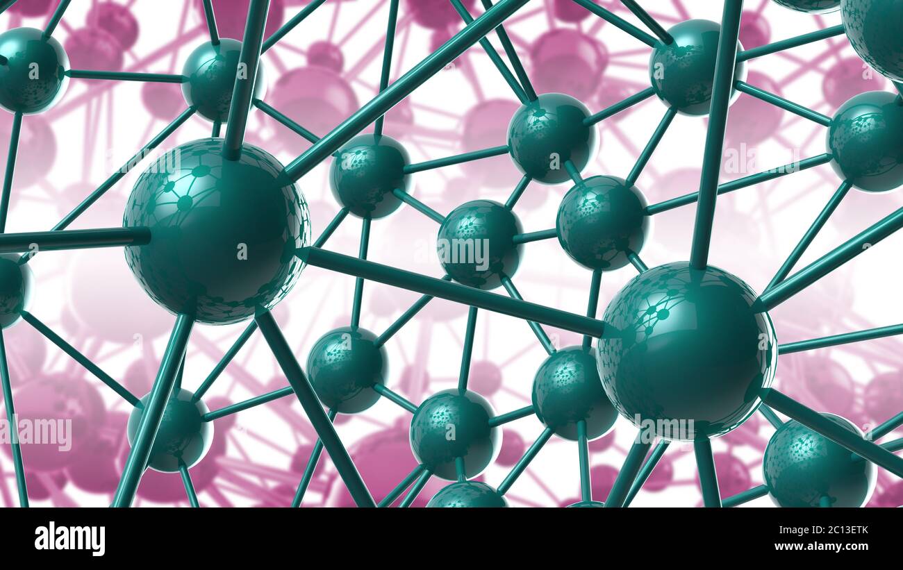 Grün und violett Molekulare geometrische Chaos abstrakte Struktur. Wissenschaft Technologie Netzwerk Verbindung Hi-Tech Hintergrund 3d rende Stockfoto