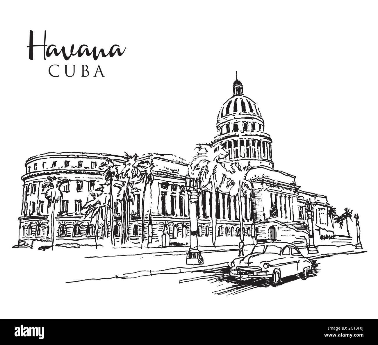 Zeichnung Skizzendarstellung des Kapitolgebäudes oder El Capitolio in Havanna, der kubanischen Hauptstadt Stock Vektor