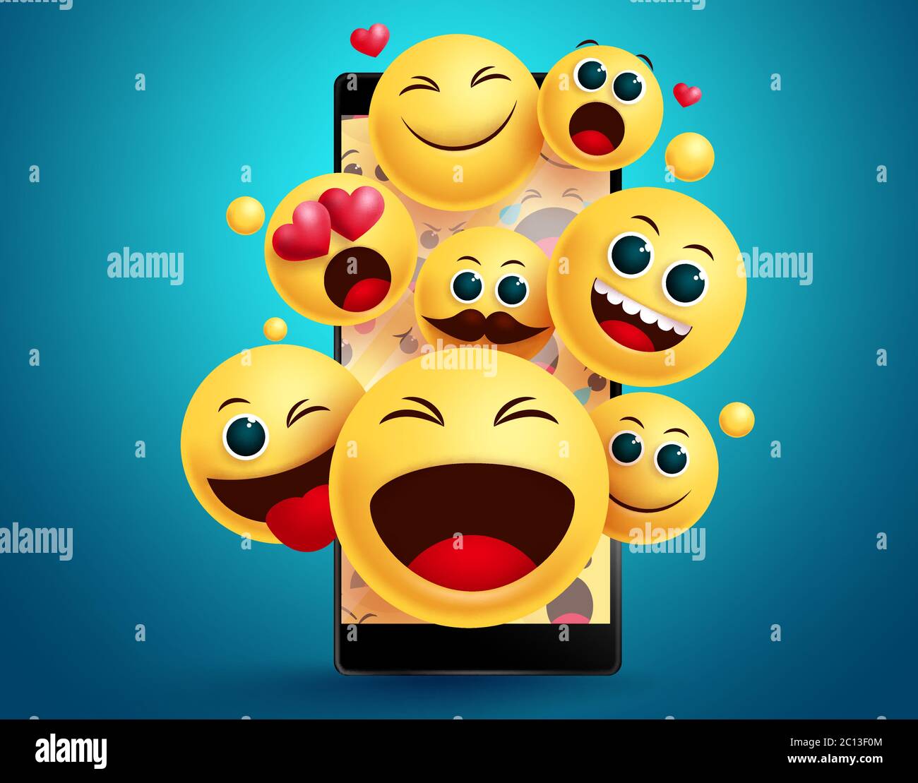 Emoji Smileys im Handy Vektor-Konzept. Smiley Emojis Gelbes Gesicht Emoticons in Social Media Handy-Apps mit verschiedenen Gesichtsausdruck. Stock Vektor