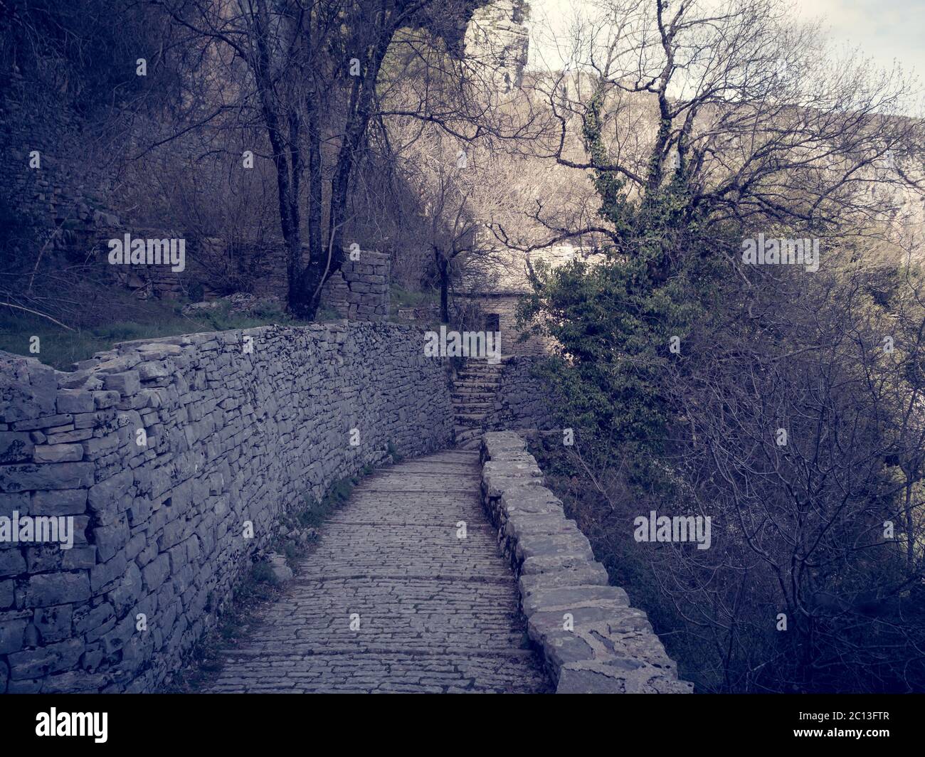 Traditionelles Dorf Monodendri mit einem Kloster in Vikos Schlucht, Epirus - Griechenland Stockfoto