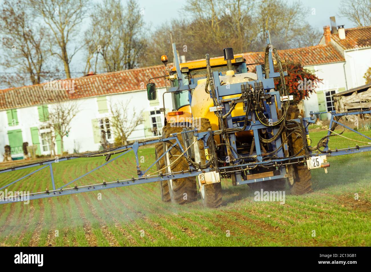 Traktor Weizenfeld mit Spritze Spritzen Stockfoto