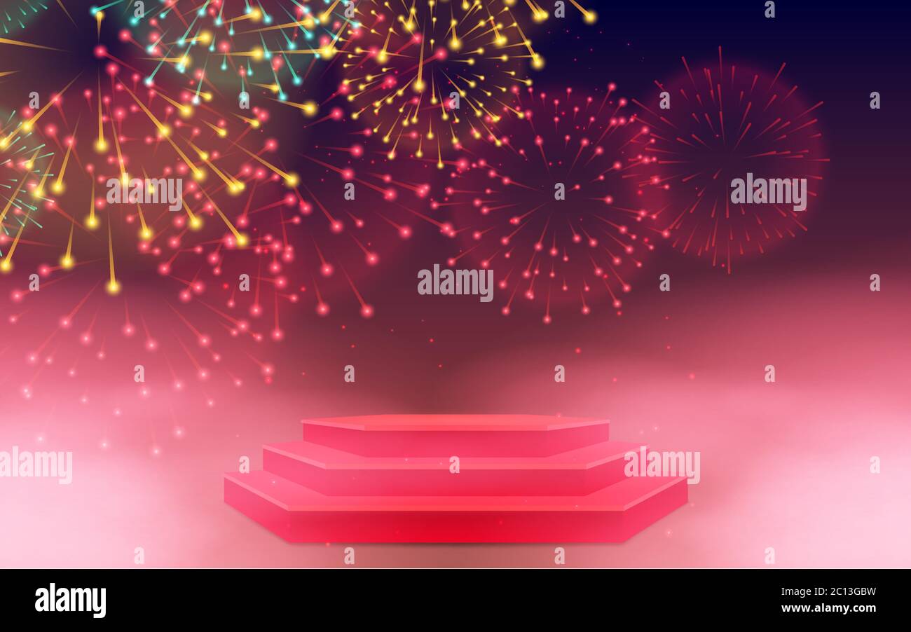 Silbernes Podium mit buntem Feuerwerk Hintergrund Stock Vektor