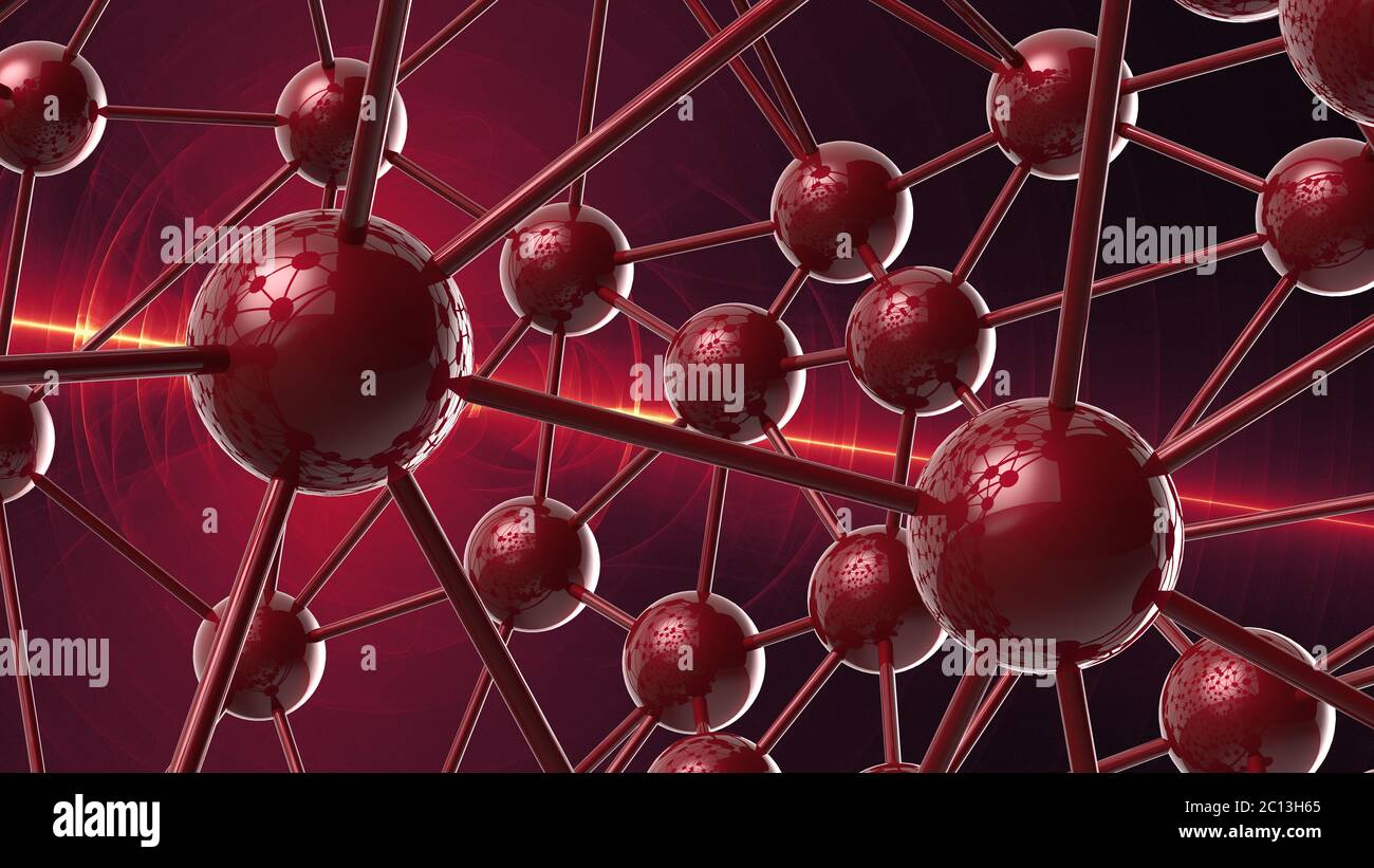 Rot Molekulare geometrische Chaos abstrakte Struktur. Wissenschaft Technologie Netzwerk Verbindung Hi-Tech Hintergrund 3d Rendering illustraa Stockfoto