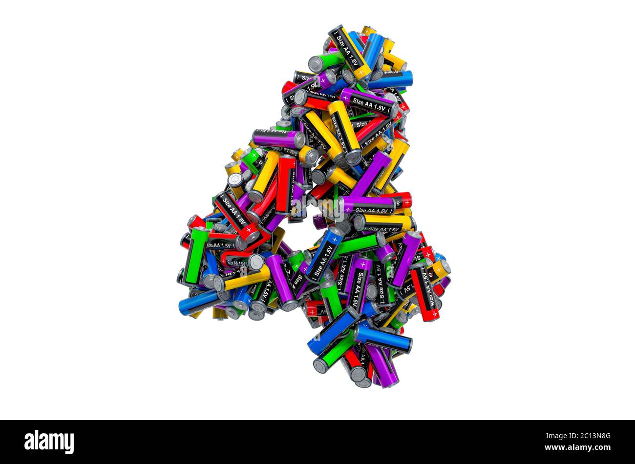 Nummer 4 von farbigen AA-Batterien, 3D-Rendering isoliert auf weißem Hintergrund Stockfoto
