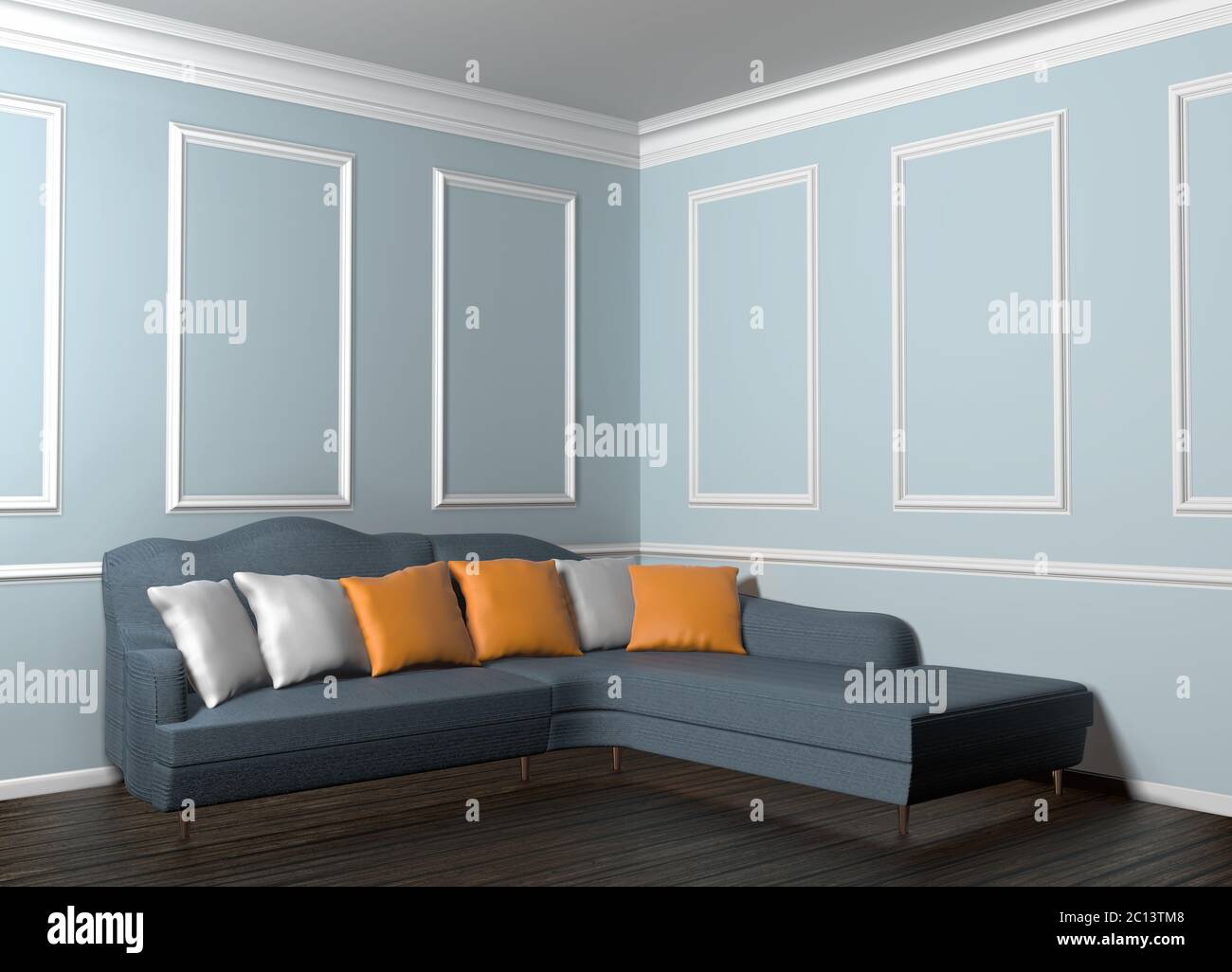 3d-Illustration der klassischen Innenausstattung mit Sofa voller Kissen Stockfoto