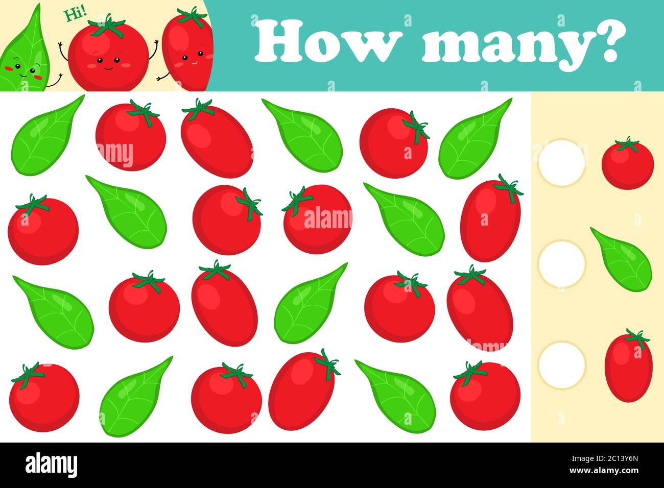 Pädagogisches Spiel für Kinder im Vorschulalter, Kinder. Mathematik-Aufgabe. Wie viele, Zählen Spiel. Lernen von Mathematik, Zahlen und Formen. Stock Vektor
