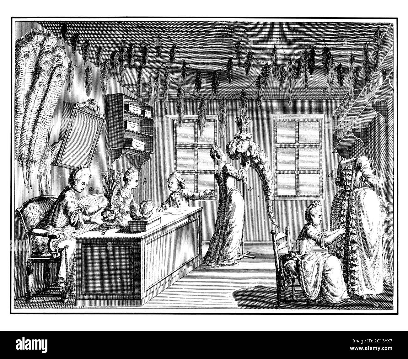 18. Jahrhundert Illustration der Werkstatt für Nähen und Federvertlichung. Veröffentlicht in 'EINE Diderot bildliche Enzyklopädie des Trades und der Industrie. Manuell Stockfoto