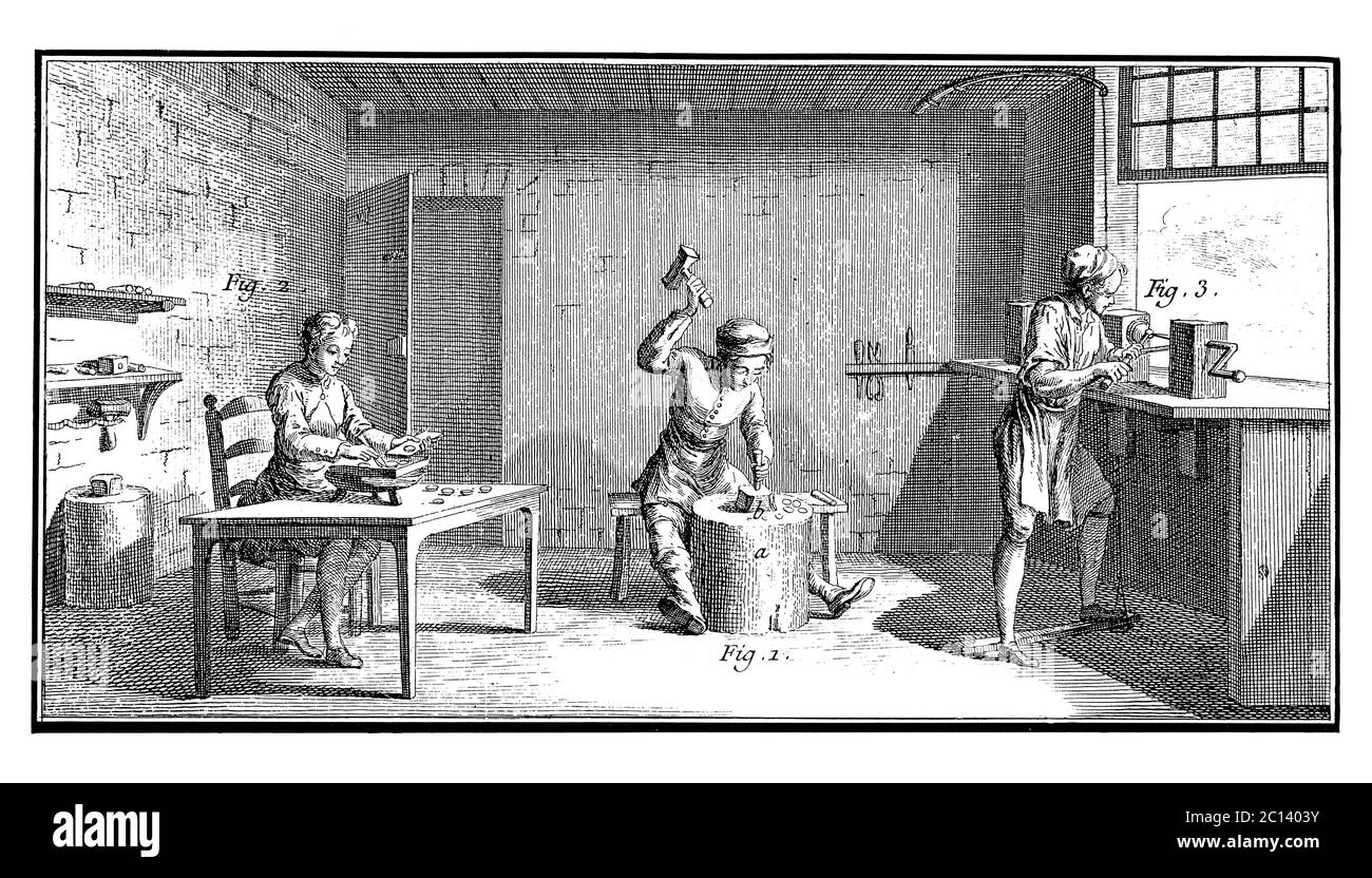 18. Jahrhundert Illustration, wie die Taste in dieser Werkstatt aus Harz auf einen Metallschaft aufgebracht sind. Veröffentlicht in 'A Diderot Illustrierte Enzyklopädie Stockfoto