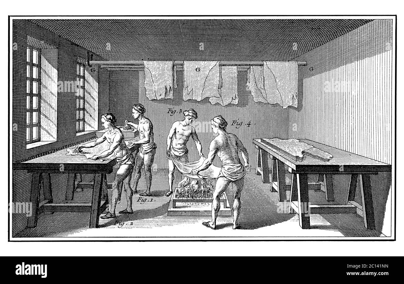 18. Jahrhundert Abbildung, die heilende Häute mit Talg, bekannt als ungarische Gerbung. Veröffentlicht in 'A Diderot bildliche Enzyklopädie des Trades Stockfoto