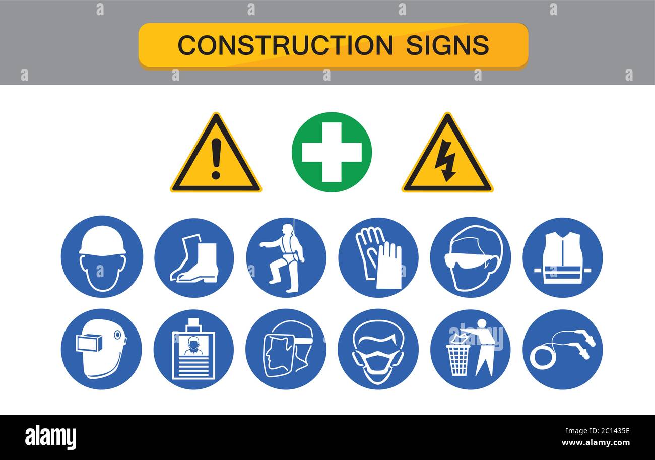 Bau Zeichen, Schutzausrüstung, Schutz auf Arbeit, Industrie Gesundheit und Sicherheit Symbol Vektor Sammlung. Stock Vektor