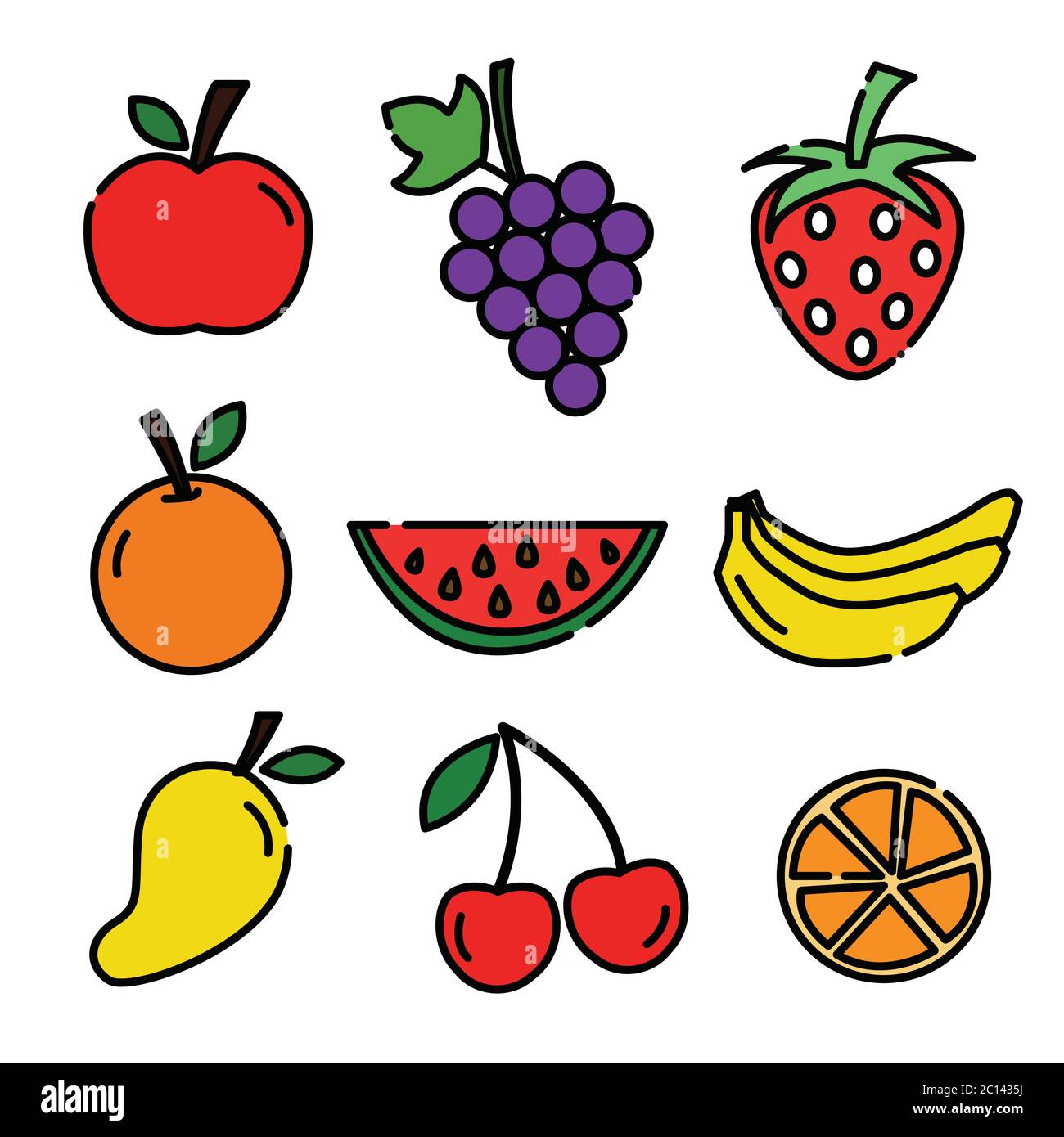 Obst Icon Set, Mango, Orange, Traube, Bananen, Kirsche und Erdbeere, Vektor-Design. Stock Vektor