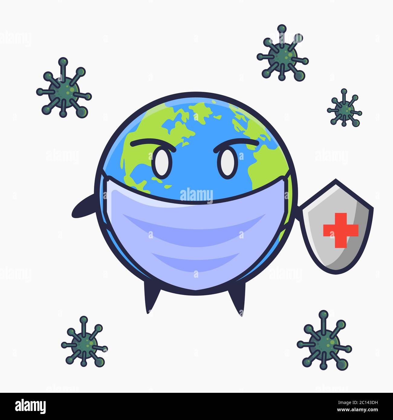 Vektor der Erde Bekämpfung Coronavirus. Erde mit Schild und Viren Vektor-Illustration. Flacher Cartoon-Stil Stock Vektor