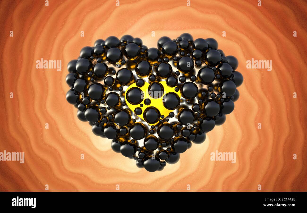 schwarzes Herz gemacht Kugeln mit Reflexionen auf Evolventen hellen Hintergrund isoliert. Happy Valentinstag 3d illustration Stockfoto