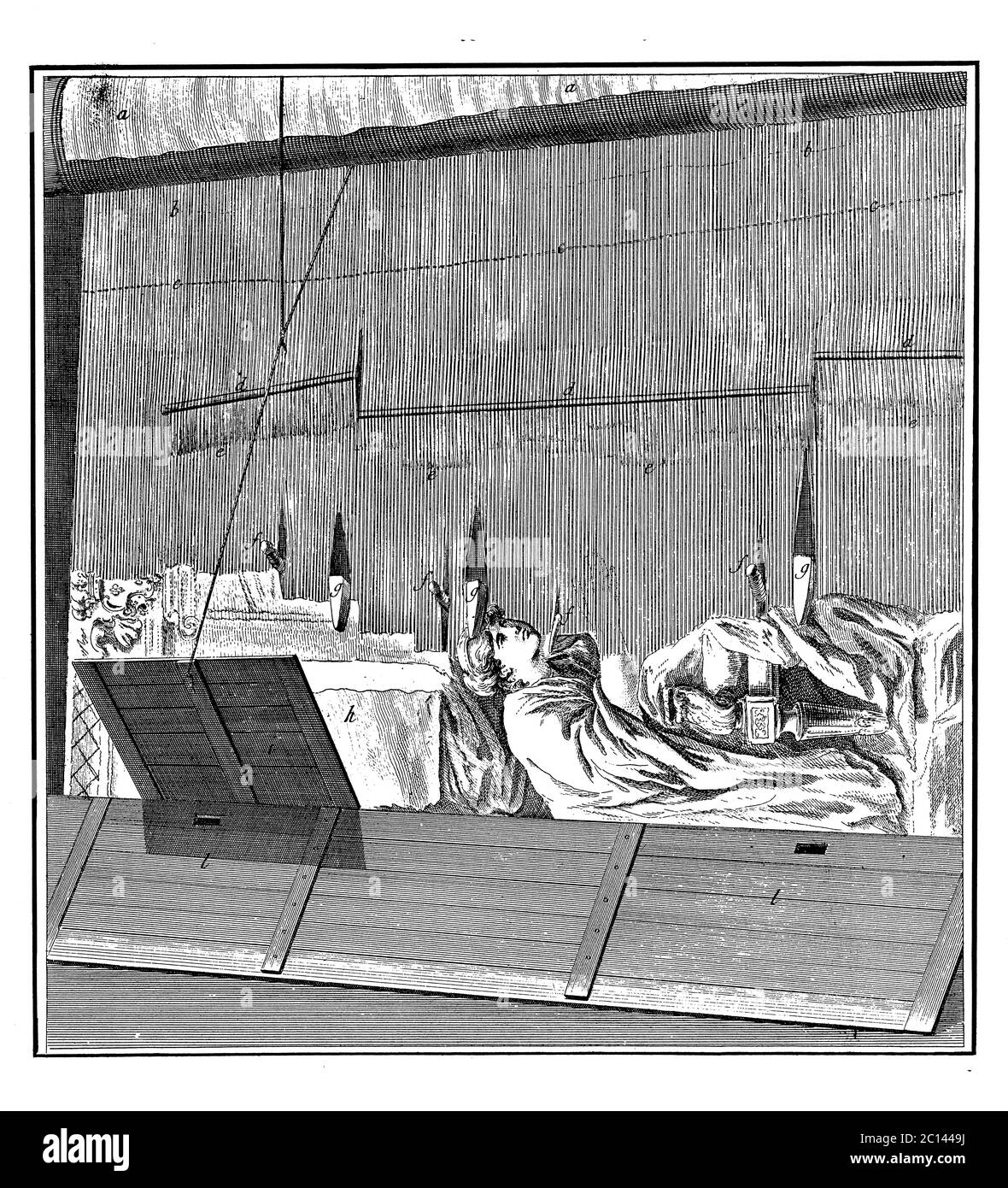 Antike Illustration eines halbfertigen Wandteppichs von der Vorderseite des Webstuhls. Veröffentlicht in 'EINE Diderot bildliche Enzyklopädie des Trades und der Industrie. Ma Stockfoto