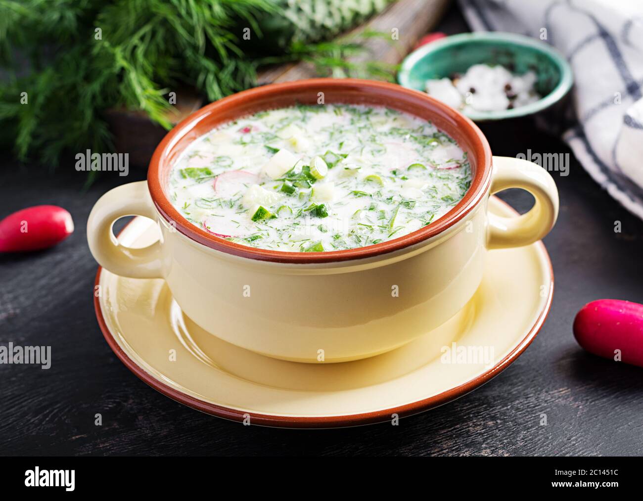 Okroshka. Kalte Sommersuppe mit Joghurt und Gemüse in Schüssel. Stockfoto