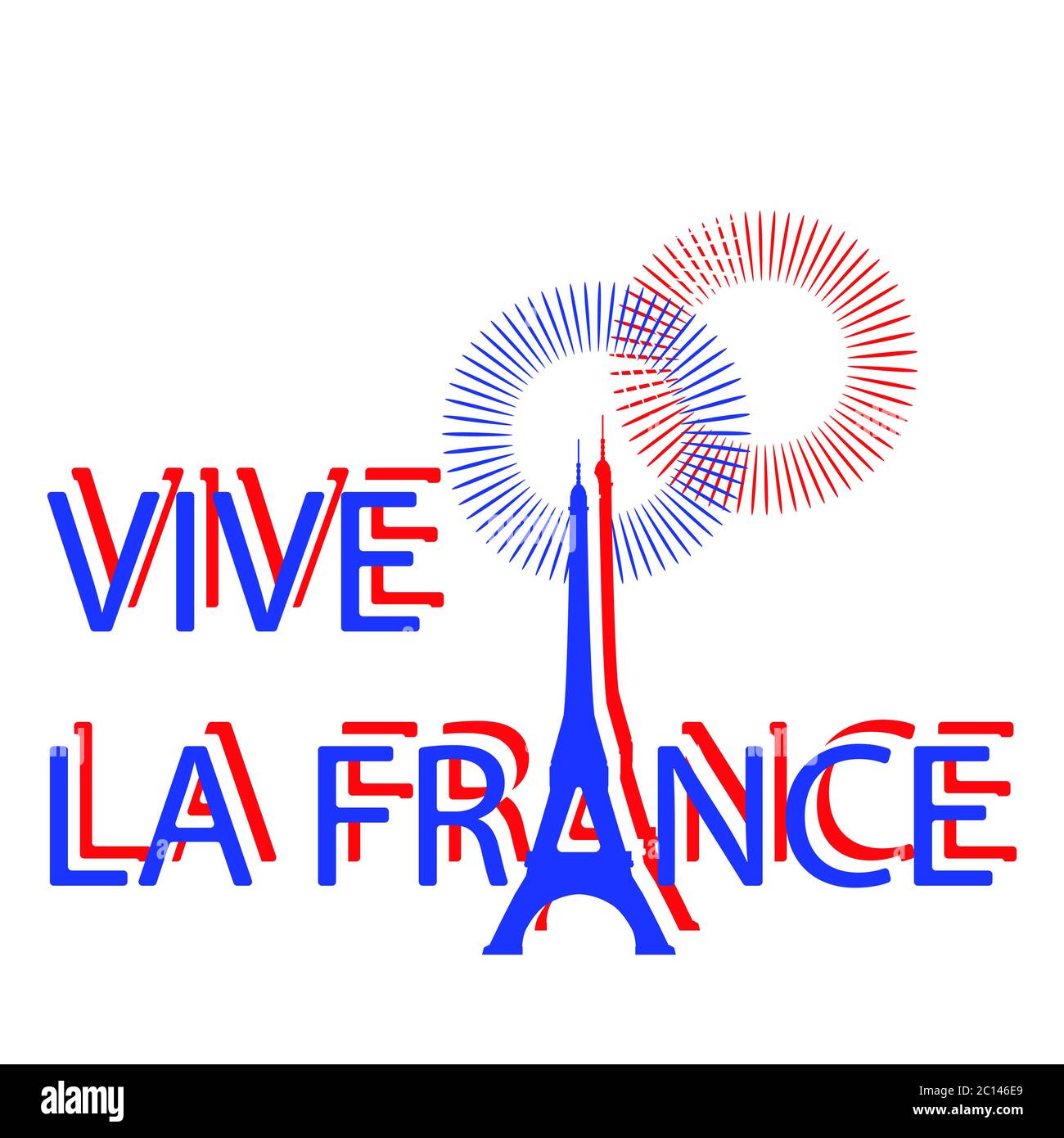 Konzept des französischen Nationalfeiertags. Eiffelturm statt des Briefes A. Übersetzung der Texte in Französisch - Es lebe Frankreich. Stock Vektor