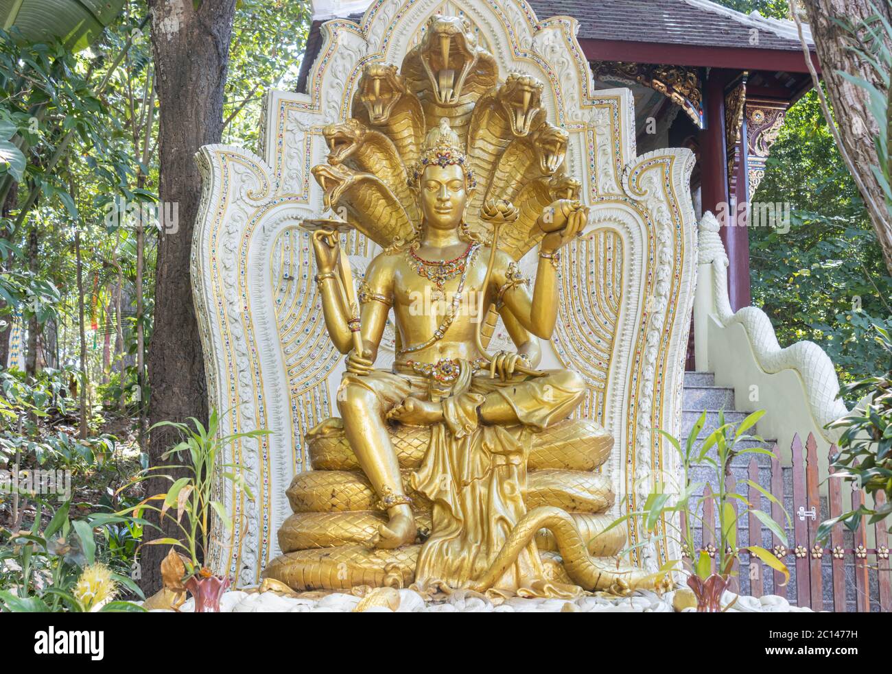 Phayao, Thailand - 1. Dezember 2019: Goldene Narayana oder Narayan Statue und Kobra mit natürlichem Licht im Ananayo Tempel oder Wat Analayo im Phayao Thailand in Zo Stockfoto