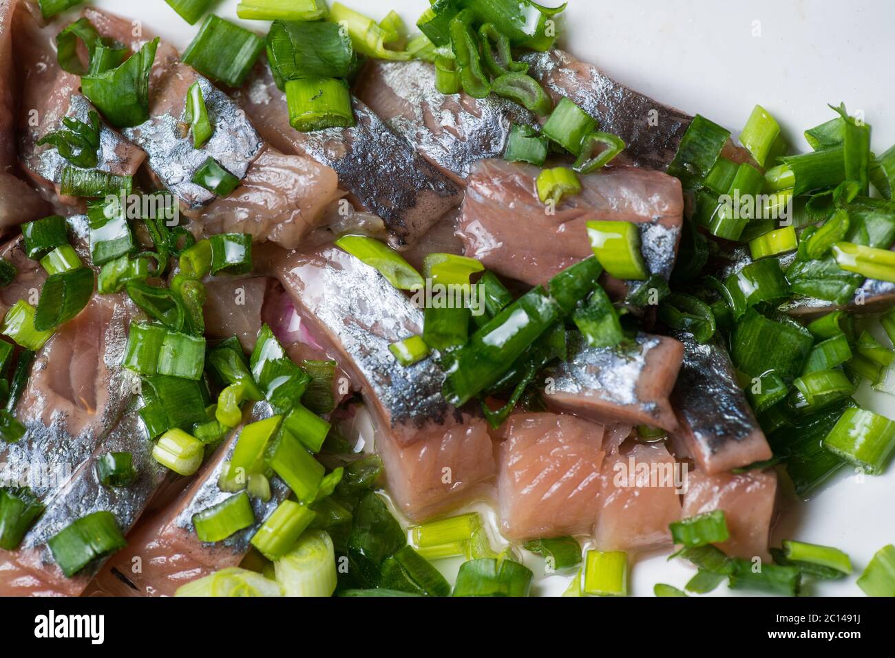 Hering mit Frühlingszwiebeln auf einer Platte geschnitten. Selektiven Fokus Makroaufnahme mit flachen DOF. Stockfoto