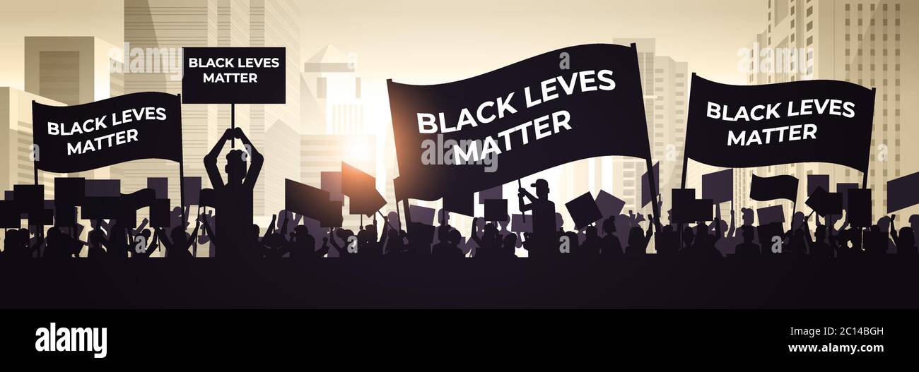 Silhouette der Demonstranten mit schwarzen Leben Materie Banner Sensibilisierungskampagne gegen Rassendiskriminierung der dunklen Hautfarbe Unterstützung für gleiche Rechte der schwarzen Menschen horizontale Stadtbild Vektor Illustration. Stock Vektor